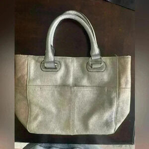 Tignanello Designer Gray Leather Bag Purse Soft Leather Two-Toned Silver Gold